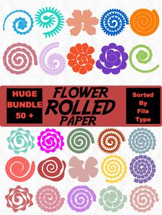 the 25 flower rolled paper is shown in different colors and sizes, with an arrow pointing to