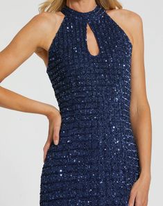 Mac Duggal Embellished mesh fabric (100% polyester) Fully lined Halter Neckline Keyhole cutout at neck Sleeveless Delicate hand-stitched sequins Concealed back zipper Approx. 62.5" from top of shoulder to bottom hem Available in Midnight Style #23018 Daytime Wedding, Autumn Knitwear, Plastic Dress, Maxi Dresses Fall, Fall Wedding Guest Dress, Brocade Dresses, Bride Groom Dress, Lattice Pattern, Mac Duggal