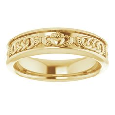 a gold wedding ring with two hearts on the front and an intertwined design in the middle