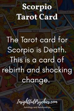 The Tarot card for Scorpio is Death. This is a card of rebirth and shocking change. / Scorpio Tarot Card Scorpio Tarot Card, Tarot Knowledge, Witches Room, Scorpio Tarot, Scorpio Personality, Zodiac Quotes Scorpio, Pagan Spirituality, Lenormand Cards