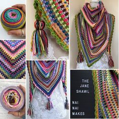 crocheted shawl with tassels and ribbons on display in multiple pictures