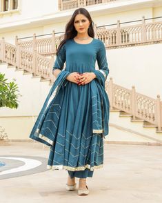 Dress Set Anarkali Style - Riddhi - www.riafashions.com Gota Work, Palazzo Suit, Cotton Dupatta, Anarkali Suit, Home Dress, Bottle Green, Dress Set, Suit Set, Anarkali