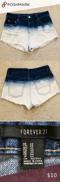 High-waisted Two-toned Jean Shorts New with tags! These high-waisted denim shorts are from Forever 21. They fade from dark denim blue to white.  Size:25  Ships out same day or next day.  Smoke free. Forever 21 Shorts Jean Shorts High Waisted Shorts Denim, High Waisted Denim, Dark Denim, Denim Blue, Rock Revival Jean, Next Day, Jean Shorts, Two Tone, Blue Denim