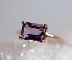 Emerald Cut Amethyst Ring Rose Gold, Amethyst Engagement Ring, February Birthstone, Art Deco Engagement Ring, Gemstone Ring Solid Gold - Etsy Gold Amethyst Engagement Ring, Luxury Amethyst Rectangular Stone Ring For Gift, Amethyst Emerald Cut Ring, Emerald Cut Amethyst Ring, Amethyst Rose Gold Ring, Amethyst Ring Rose Gold, Yellow Gold Amethyst Ring, Amethyst Jewellery, Engagement Ring Gemstone