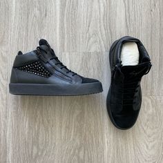 Giuseppe Zanotti Black Studded London High-Top Sneakers. Size 41 (Size 8 Us). Purchased Brand New From Ssense. Worn A Small Handful Of Times. Taken Very Well Care Of. Comes With Box, Original Packaging, And Dust Bag. Message Me If You Would Like Other Pics. $390 Obo. #Giuseppezanotti #Sneakers #Hightop #Designer Black Suede High-top Sneakers With Studded Outsoles, Designer High-top Sneakers With Removable Insole, Luxury High-top Sneakers With Removable Insole, Luxury Black Sneakers With Removable Insole, Luxury Suede High-top Sneakers With Round Toe, Zanotti Sneakers, Giuseppe Zanotti Sneakers, Zanotti Shoes, Giuseppe Zanotti Shoes