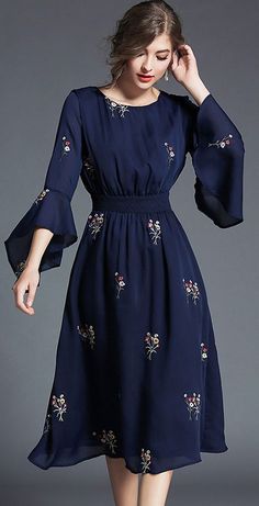 Fashion O-Neck Flare Sleeve Embroidery Skater Dress Hijab Styles, فستان سهرة, Designs For Dresses, Indian Designer Wear, Mode Inspiration, Classy Dress, Trendy Dresses, Street Styles, Dress Pattern