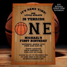 Basketball Invitations Birthday Free Printable, Basketball Theme Birthday Invitation, Basketball Invitations Free Printable, One Year Old Basketball Theme Party, One Year Old Basketball Party, Basketball One Year Old Birthday, Nike First Birthday Theme