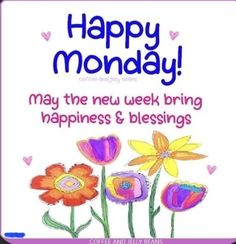 a happy monday card with colorful flowers and hearts on it's front cover, says may the new week bring happiness & blessing