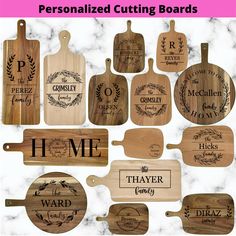 wooden cutting boards with different designs and words on them, including the name of each board