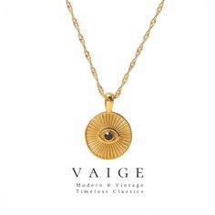 VAIGE Gold Stainless Steel Devil's Eye Pendant Necklace Discover the exquisite craftsmanship of the VAIGE Gold Stainless Steel Devil's Eye Pendant Necklace. This stunning accessory combines elegance and symbolism to elevate your style, making it a must-have addition to your jewelry collection. Key Features: Premium Material: Made from the finest gold stainless steel, ensuring durability and a luxurious finish. Unique Design: The pendant features a sleek round design, symbolizing protection and w Symbolic Gold Tarnish Resistant Necklaces, Symbolic Gold Tarnish-resistant Necklaces, Symbolic Gold Plated Round Pendant Necklace, Elegant Gold Medallion Necklace With Adjustable Chain, Symbolic Gold-plated Medallion Necklace, Gold Plated Symbolic Medallion Necklace, Symbolic Gold Plated Medallion Necklace, Elegant Gold-plated Medallion Necklace With Gold Chain, Elegant Gold Medallion Necklace With Chain