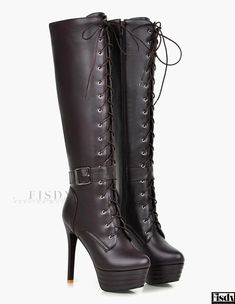 Fisdy - Womens Winter Boots: Sleek Patent Lace-Up, Platform Knee-Highs with Round Toe and Stiletto Heel Street Wear Style, Knee High Boots Winter, Heel Boots For Women, Stiletto Heels Boots, Pu Boots, Boots Heel, Faux Fur Boots, Womens Winter, Martin Boots