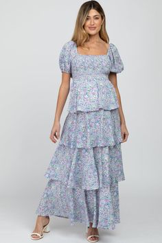 Blue Floral Square Neck Ruffle Layered Maternity Maxi Dress – PinkBlush Maternity Dress With Smocked Bodice And Square Neck, Casual Tiered Maternity Dress, Spring Maternity Dress With Smocked Bodice And Short Sleeves, Short Sleeve Maternity Dress With Smocked Bodice, Maternity Square Neck Dress For Spring, Summer Tiered Maternity Dress, Fitted Ditsy Floral Print Tiered Skirt Dress, Spring Maternity Dress With Square Neck, Tiered Summer Maternity Dress