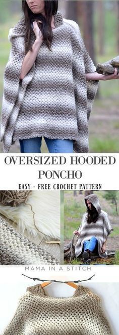 a woman wearing a knitted poncho with text overlay that reads, oversize hooded poncho easy and free crochet pattern