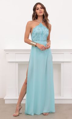 Coralynn Halter Lace Dress in Aqua | LUCY IN THE SKY Halter Neck Prom Dress With Side Slits, Party Maxi Dress With Lace-up Back For Prom Season, Sleeveless Maxi Dress With Lace-up Back For Prom, Backless Lace Trim Gala Dress, Backless Lace Trim Dress For Gala, Backless Maxi Dress With Lace Bodice For Prom, Backless Gala Dress With Lace Trim, Bridesmaid Backless Maxi Dress With Lace-up Back, Backless Maxi Dress With Side Slits For Prom