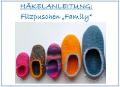 five knitted slippers lined up in different colors and sizes, with the words hakelanleining