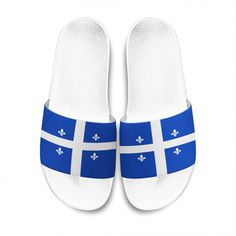 Canada Flag Of Quebec SandalsDescriptionAll of our Slide Sandals are custom-made-to-order and handcrafted to the highest quality standards. Add style to your footwear collection with these fashionable and comfortable slide sandals. Perfect for use at the beach, pool, gym or relaxing around the home on a casual day. Constructed with a high-quality and light-weight EVA sole for comfort and durability. Features an easy slip-on design with open-toe construction. All of our Slide Sandals are custom-m White Slides With Rubber Sole For Vacation, White Slip-on Slides For Swimming, Adjustable White Slide Flip Flops, White Slide Flip Flops For Swimming, White Open Toe Slides For Swimming, Footwear Collection, Eva Sole, Beach Pool, Canada Flag