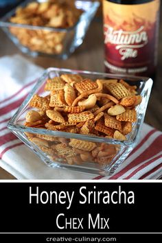 honey sriraca chex mix in a glass bowl