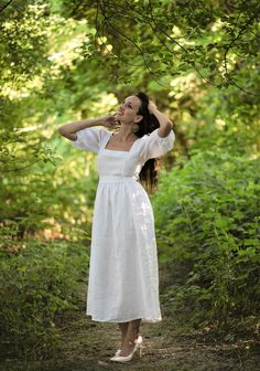 "Linen Dress For Women, White Midi Linen Dress, Flax Vintage Dress, Puff Sleeves Dress, Bridesmaid Dress, Cottagecore Linen Dress, Wedding Dress, Plus Size Dress Feel like a princess walking in a flowery garden, this vintage linen dress is all you need to achieve a country dreamy look! The dress is a fit and flare style with long puffed sleeves. The upper length is slightly shorter than the natural waistline and can use a belt to tighten the waist. Hence it's great to style it in different ways. Caramel Dress, Midi Linen Dress, Vintage Linen Dress, Bridesmaid Outfits, Puff Sleeves Dress, Dress Cottagecore, Etsy Wedding Dress, White Midi, Bridesmaid Outfit