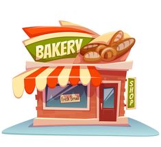 an illustration of a bakery with bread on display