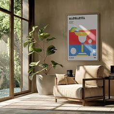 a living room filled with furniture and a large poster hanging on the wall above it