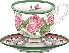 a drawing of a tea cup and saucer with pink roses on the rims