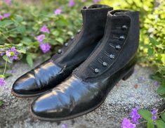 One of many antique shoes we have for sale! A pair of Antique (c1900-1910s) Mens button up boots/shoes. Can be unisex. Jet Black color in a smooth leather fabric. *Refer to last photo and condition comments-see below for further notable Issues.  PLEASE REVIEW MEASUREMENTS provided below, and compare to yours, (especially the width of your foot). These antique shoes/boots tend to run very narrow and small. Don't hesitate to ask if I can be of any help. Size: no modern size indicated-but it is always best to refer to the 3 predominant measurements (length, arch, and width) when purchasing Antique shoes.  These boots tend to be more narrow than modern, please check your own width and arch carefully.  Measurements: -inner footbed 10" -outer sole length-toe tip to back of the heel is 11" Heel h Antique Shoes, Button Boots, Jet Black Color, Mens Button Up, Unisex Shoes, Mens Shoes Boots, Boots Shoes, Leather Fabric, Dress With Boots