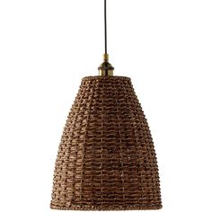 a light that is made out of wicker and has a brown cord hanging from it