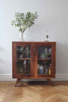 a wooden cabinet with two glass doors and a plant in it on top of a hard wood floor