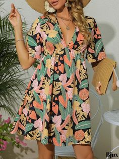 Bjux - Tropical Print V Neck Dress: Casual Summer Short Sleeve Dress for Womens Vacation attire V Neck Dress Casual, Vacation Attire, Casual Summer Shorts, Short Sleeve Dress, Tropical Print, Summer Shorts, V Neck Dress, Summer Casual, Sleeve Dress