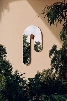 an oval mirror hanging on the side of a wall next to some plants and trees