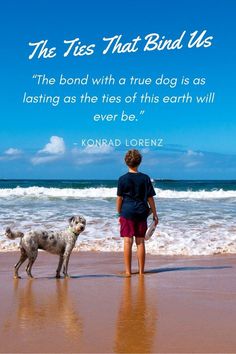 a boy and his dog on the beach with a quote from korald lorenz