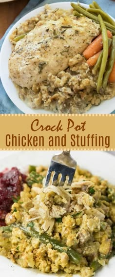 chicken and stuffing on a plate with a fork