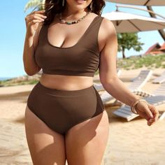 Brown, Plain, Ribbed Bikini Swimsuit Size 3xl. Brand New In Packaging.