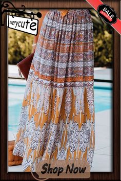 Boho Tribal Print Mid Waist Maxi Skirt Summer Beach Printed Maxi Skirt, Summer Boho Print Maxi Skirt, Flowy Printed Maxi Skirt For Beach, Summer Boho Print Beach Skirt, Printed Vacation Skirt, Summer Beach Skirt With Boho Print, Printed Skirt For Vacation, Bohemian Maxi Skirt With Elastic Waistband For Day Out, Summer Boho Print Maxi Skirt For Beach