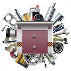 an assortment of car parts arranged in the shape of a box - miscellaneous objects / objects 3d renders