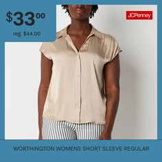 This women's short-sleeve shirt by Worthington will provide a fresh take for your warm-weather work wardrobe. Made from soft patterned satin, this button-down has a relaxed boxy-fit, a point collar and dolman sleeves. Style it with pants or jeans.Closure Type: ButtonFit: Regular FitNeckline: Collar NeckSleeve Length: Short SleeveSleeve Style: Dolman SleeveApparel Length: 24.25 InchesFiber Content: 100% PolyesterFabric Description: SatinCollar: Point CollarCare: Tumble Dry, Machine WashCountry o… Short Sleeve Tops With Button Closure For Daywear, Daywear Short Sleeve Tops With Buttons, Short Sleeve Tops With Buttons For Daywear, Daywear Tops With Buttons And Short Sleeves, Sleeves Style, Short Sleeve Shirt Women, Work Wardrobe, Button Front Shirt, Patterned Fabric