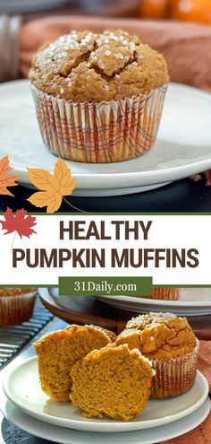 healthy pumpkin muffins on plates with text overlay