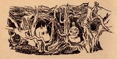 an ink drawing of some people in the woods