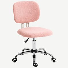 an office chair with wheels and a pink upholstered fabric seat, viewed from the front