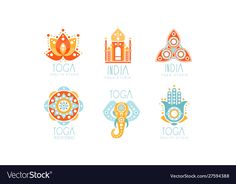 the logos for yoga and meditations are designed in orange, blue, and yellow