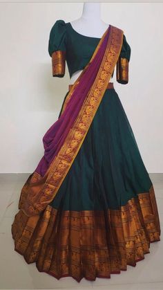 2 Saree Lehenga, Narayanapet Pattu Blouse Designs, Blouse Designs For Narayanpet Half Sarees, Narayanapet Half Saree Blouse Designs, Narayanapet Cotton Lehenga, Cotton Lehanga Ideas, Narayanpet Blouse Models, Narayanpet Half Saree Blouse, Pattu Lehangas For Women