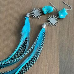 "\"Electric Ocean\" hand dyed grizzly and solid feathers in a gorgeous turquoise shade featuring turquoise stones and sliver plated hooks." Turquoise Feather Earrings, Fire Fly, Turquoise Stones, Feather Earrings, Earrings Etsy, Turquoise Stone, Hand Dyeing, Feathers, Jewelry Earrings Dangle