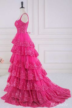 Fuchsia Tulle Sequin Sweetheart Ruffle Multi-Layer Ball Gown – Modsele Magenta Ball Gown, Layered Ball Gown, Ruffles Skirt, Sweetheart Corset, Teal Cocktail Dress, Fancy Short Dresses, Dresses Fancy, Mini Prom Dresses, Happy Bride