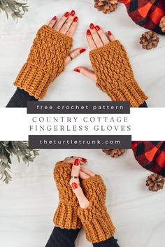 two hands wearing knitted gloves with text that reads, free crochet pattern country cottage fingerless gloves