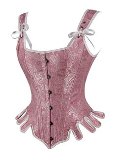 Renaissance Historically Inspired Floral Brocade Corset     This historically-inspired corset that boasts an elegant pink Jacquard brocade fabric. Its shoulder straps provide support and style, making this an exquisite choice for formal occasions. With its distinguished lines and classic appeal, this corset captures the essence of timeless glamour.     Type: Overbust Corset   Style: Vintage   Design: Ribbon Lacing,Shoulder Straps   Embellishment: Lace-up   Fabric: Brocade, cotton   Color: Blue Pink Overbust Corset Dress For Wedding, Elegant Fitted Pink Corset, Pink Fitted Underbust Corset, Fitted Pink Underbust Corset, Fitted Underbust Pink Corset, Fitted Historical Design Corset Dress, Fitted Corset Dress With Historical Design, Pink Underbust Corset Dress With Fitted Bodice, Elegant Pink Underbust Corset Dress