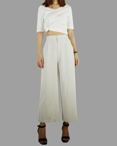 * A wide leg cropped linen pants, with cropped length, two pockets, fixed waist on front and elastic waist on back. * Material: 50% linen, 50% cottonCustom made to fit, lead time is 6-8 days;Let us know your usual size in your country and your overall height.If you have some specific request or special characters such as broad shoulder, long arms, long waist, etc you think we need pay attention to when making, do let me know.* Colors: 1. Beige2. White 3. Black 4. Khaki5. Coffee* Shop sizing char Summer Wide Leg Culottes, Summer Ankle-length Culottes, Wide Leg Pants For Workwear In Solid Color, Summer Wide Leg Work Pants Solid Color, Summer Wide Leg Work Pants In Solid Color, Summer Linen Wide Leg Pants In Solid Color, Ankle-length Linen Wide Leg Pants, Ankle-length Linen Pants In Solid Color, Solid Color Linen Ankle-length Pants