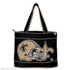 the new orleans saints quilted tote bag is black with gold trim and features a football helmet