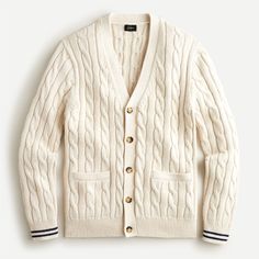 Shop J.Crew for the Cotton tipped cuff cable-knit V-neck cardigan sweater for Men. Find the best selection of Men Clothing available in-stores and online. Jcrew Mens Style, Mens Cable Knit Cardigan, Mens Cardigan Sweater, Fasion Outfits, Cream Cardigan, Sweater For Men, Sweater Men, Mens Cardigan, Cable Knit Cardigan