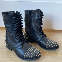 Genuine Leather Studded Boots. They Are Size 6 But Run Bigger- Would Fit 7! Brand New Never Worn! Spiked Moto Boots With Round Toe For Party, Party Moto Boots With Spikes And Round Toe, Party Moto Boots With Rivets And Round Toe, Edgy Studded Faux Leather Boots, Spiked Moto Boots For Party, Punk Leather Moto Boots With Silver Studs, Trendy Moto Boots With Spikes And Round Toe, Punk Boots With Studs And Round Toe, Trendy Boots With Silver Studs And Round Toe