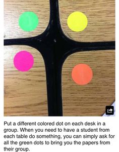 a cross made out of colored circles on top of a wooden table with text that reads, put a different colored dot on each desk in a group